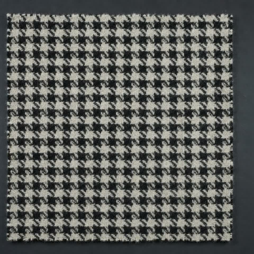 A flat panel of small-scale houndstooth wool shimmering under a slow pan.