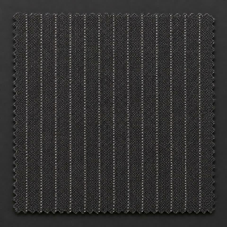 A flat length of charcoal pinstripe wool with coloured interference bands lying across the stripes.
